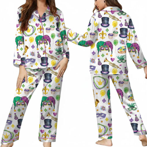 Women’s Mardi Gras New Orleans Satin Pajamas Set For Women, White Color, US Size S-5XL - Image 9