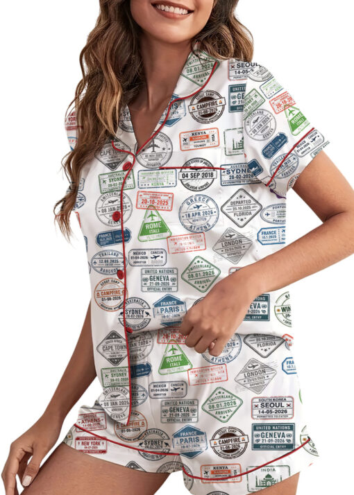 Women’s Passport Travel Stamps Satin Pajamas Set For Women, White Color, US Size S-5XL - Image 3