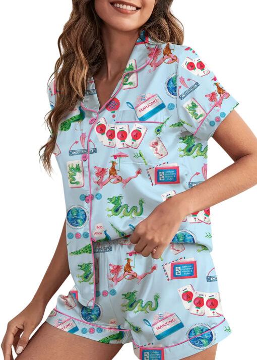 Women’s Chinoiserie Mahjong Satin Pajamas Set For Women, White And Light Blue Color, US Size S-5XL - Image 17