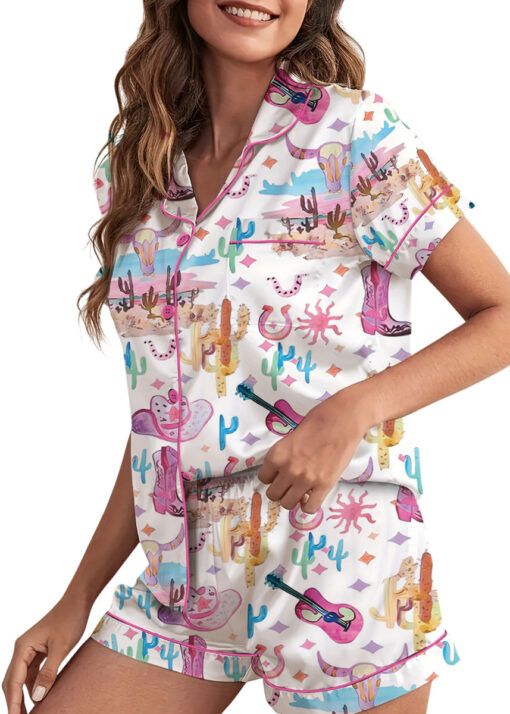 Women’s Colorful Cowgirl Satin Pajamas Set For Women, White Color, US Size S-5XL - Image 5