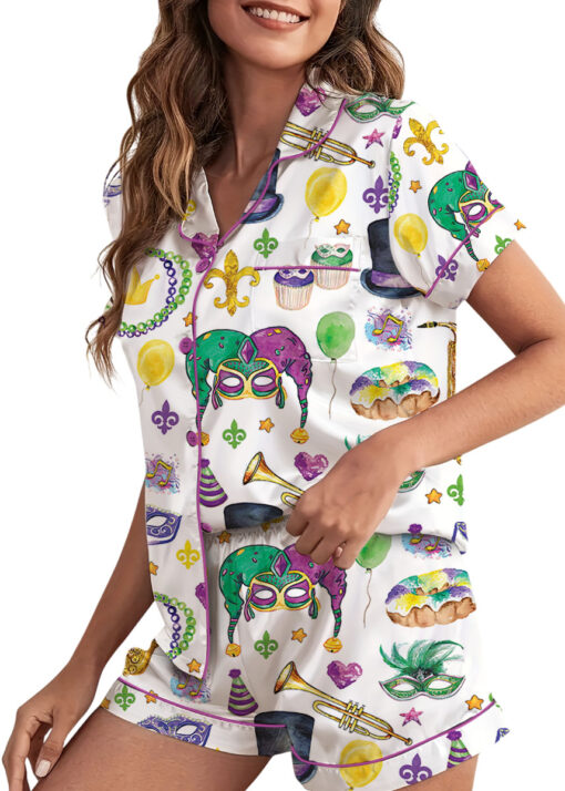 Women’s Mardi Gras New Orleans Satin Pajamas Set For Women, White Color, US Size S-5XL - Image 2