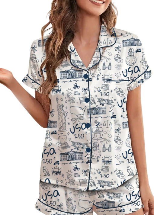 Women’s USA 250th Anniversary July 4th Patriotic Satin Pajamas Set For Women, White Color, US Size S-5XL - Image 2
