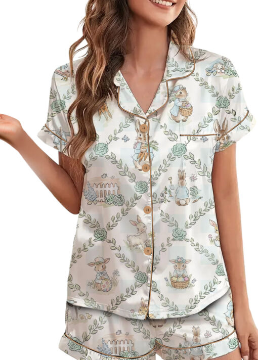 Women’s Peter Rabbit And Friends Satin Pajamas Set For Women, White Color, US Size S-5XL - Image 2