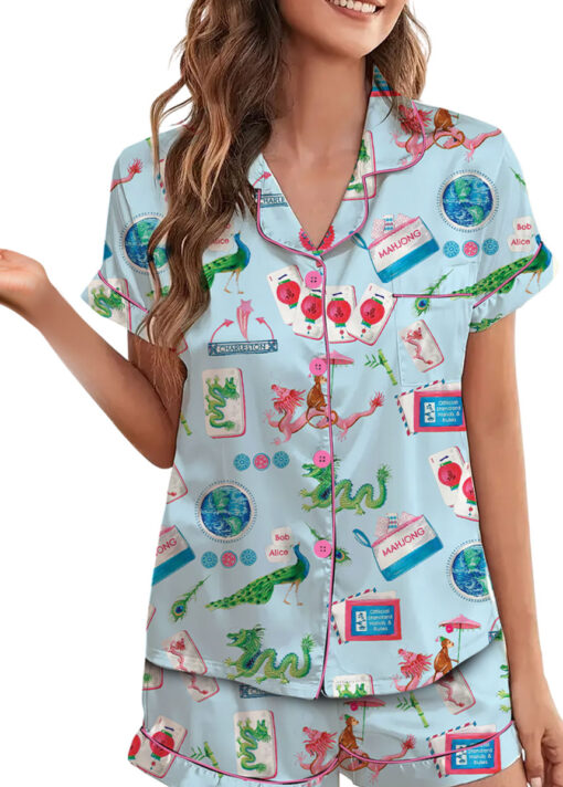 Women’s Chinoiserie Mahjong Satin Pajamas Set For Women, White And Light Blue Color, US Size S-5XL - Image 19