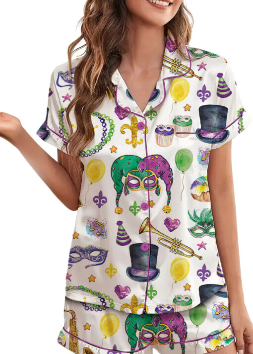Women’s Mardi Gras New Orleans Satin Pajamas Set For Women, White Color, US Size S-5XL - Image 3