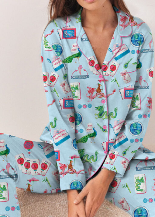 Women’s Chinoiserie Mahjong Satin Pajamas Set For Women, White And Light Blue Color, US Size S-5XL - Image 25