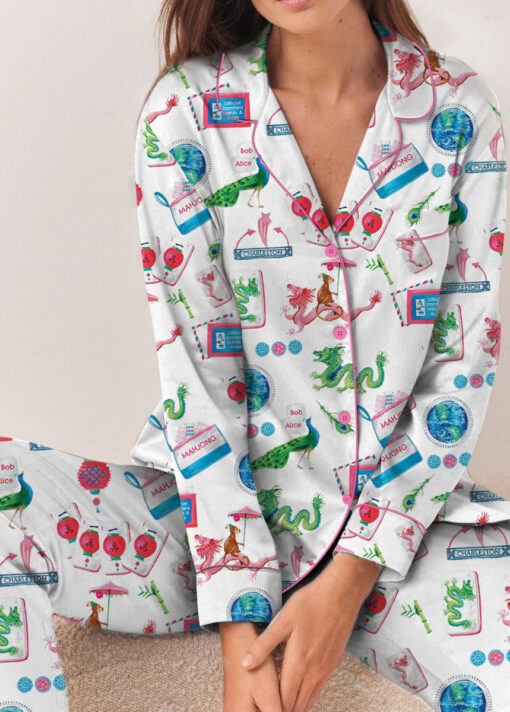 Women’s Chinoiserie Mahjong Satin Pajamas Set For Women, White And Light Blue Color, US Size S-5XL - Image 10