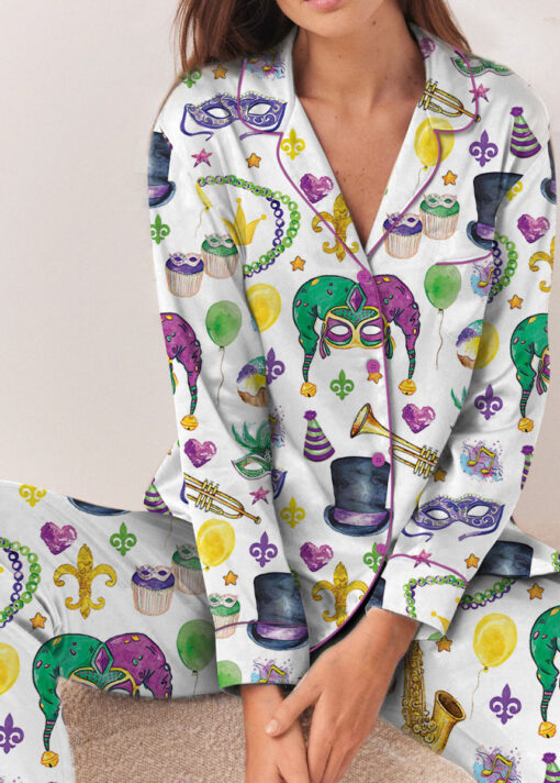 Women’s Mardi Gras New Orleans Satin Pajamas Set For Women, White Color, US Size S-5XL - Image 11