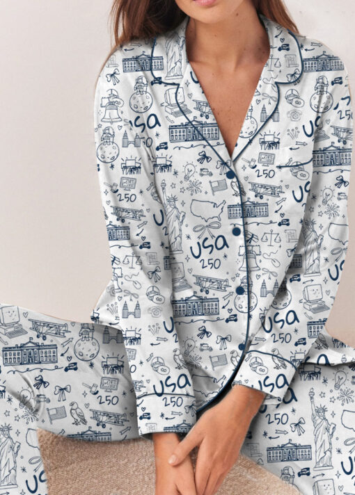 Women’s USA 250th Anniversary July 4th Patriotic Satin Pajamas Set For Women, White Color, US Size S-5XL - Image 10