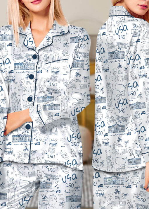 Women’s USA 250th Anniversary July 4th Patriotic Satin Pajamas Set For Women, White Color, US Size S-5XL - Image 12