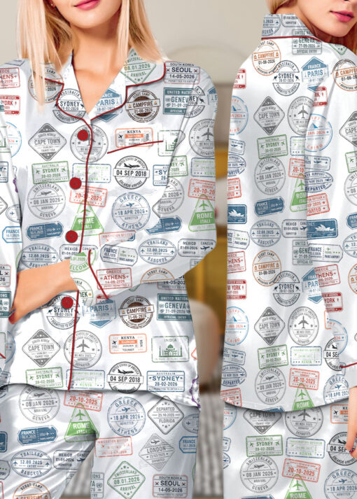 Women’s Passport Travel Stamps Satin Pajamas Set For Women, White Color, US Size S-5XL - Image 11