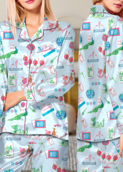Women’s Chinoiserie Mahjong Satin Pajamas Set For Women, White And Light Blue Color, US Size S-5XL - Image 24