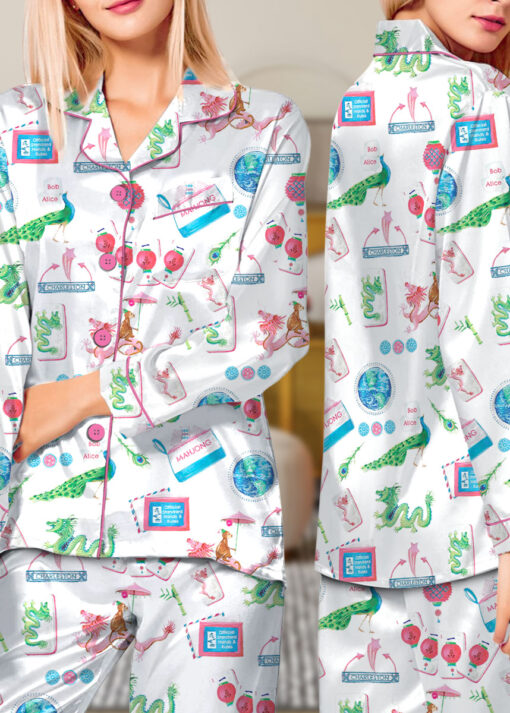 Women’s Chinoiserie Mahjong Satin Pajamas Set For Women, White And Light Blue Color, US Size S-5XL - Image 11