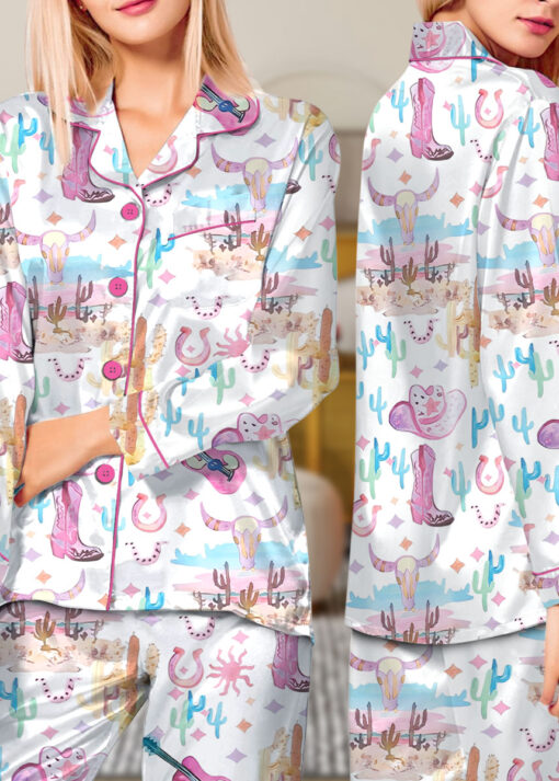 Women’s Colorful Cowgirl Satin Pajamas Set For Women, White Color, US Size S-5XL - Image 12