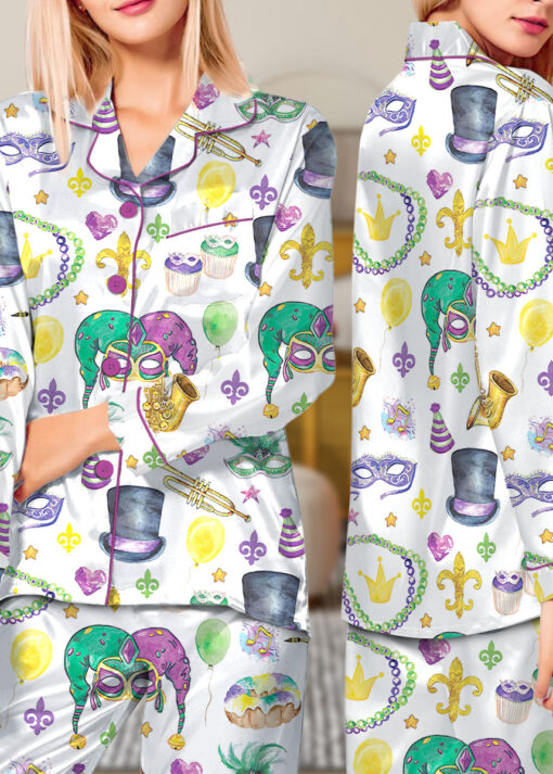 Women’s Mardi Gras New Orleans Satin Pajamas Set For Women, White Color, US Size S-5XL - Image 12