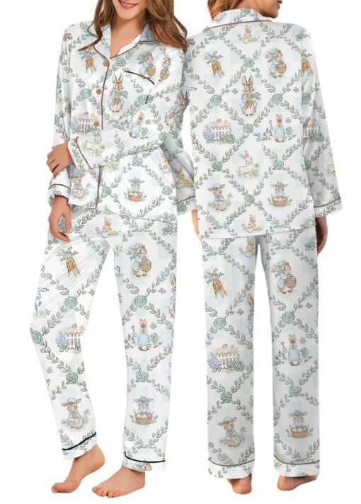 Women’s Peter Rabbit And Friends Satin Pajamas Set For Women, White Color, US Size S-5XL - Image 11