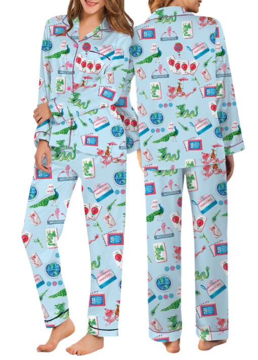 Women’s Chinoiserie Mahjong Satin Pajamas Set For Women, White And Light Blue Color, US Size S-5XL - Image 26