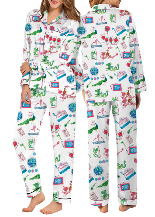 Women’s Chinoiserie Mahjong Satin Pajamas Set For Women, White And Light Blue Color, US Size S-5XL - Image 12