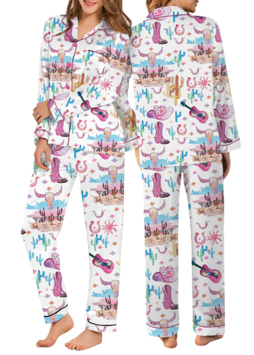Women’s Colorful Cowgirl Satin Pajamas Set For Women, White Color, US Size S-5XL - Image 10