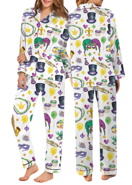 Women’s Mardi Gras New Orleans Satin Pajamas Set For Women, White Color, US Size S-5XL - Image 10