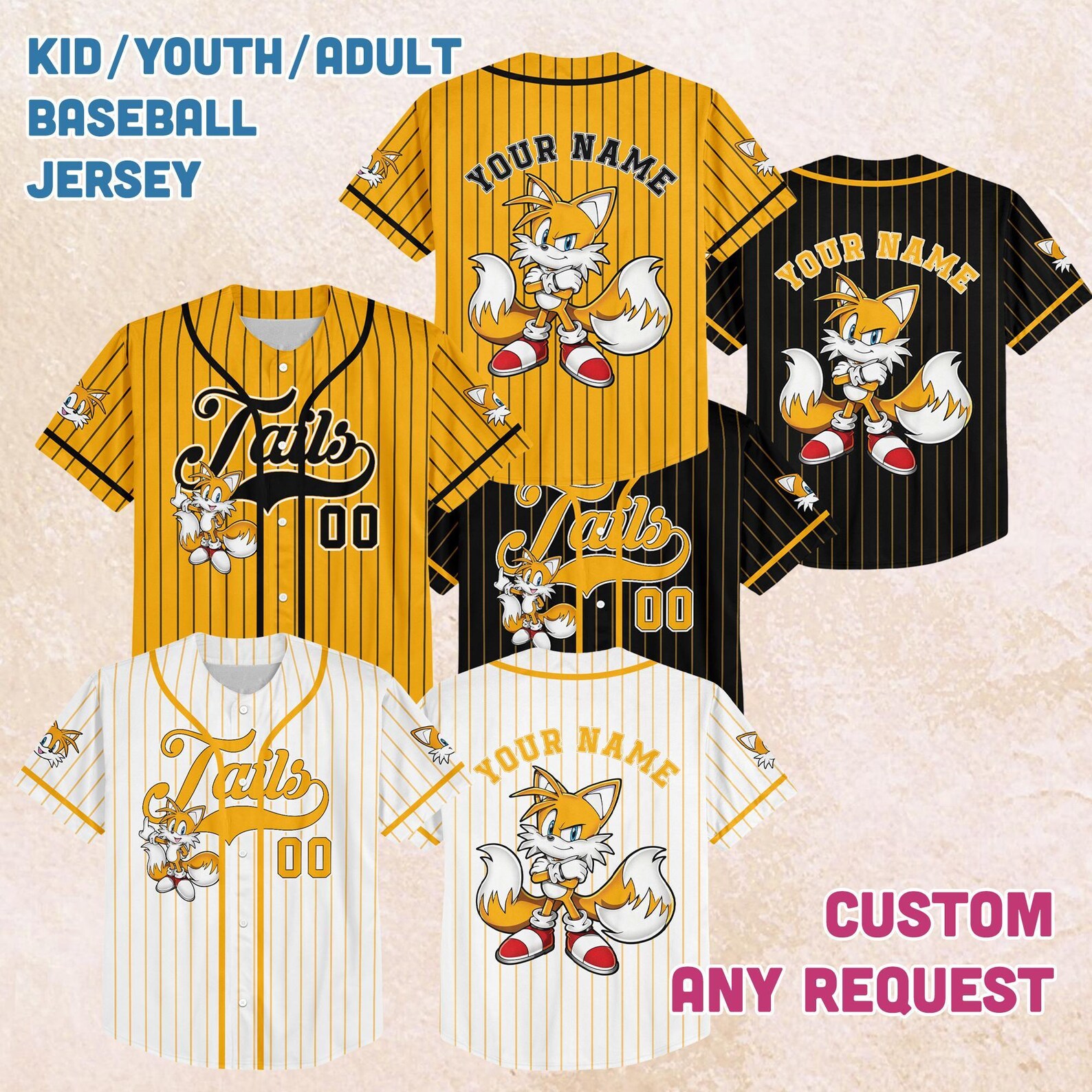 Personalized Tails Baseball Jersey, Custom Name Number, Sonic Theme