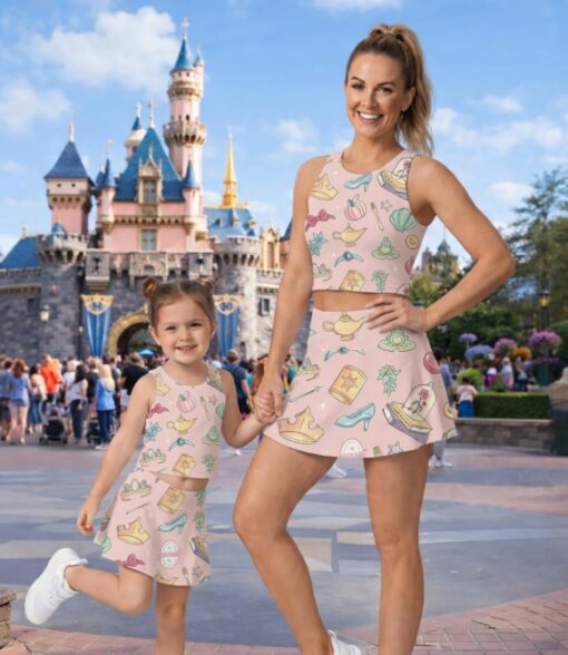 Disney Princess Activewear Set, Mother Daughter Matching Crop Top & Skirt, Belle Cinderella Ariel Outfit, Disneyland Family Athletic Wear - Image 2