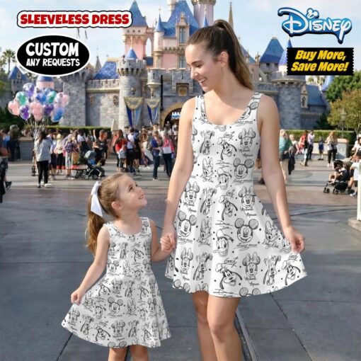 Mickey and Friends Sketch Dress, Mommy and Me Matching Disney Outfit, Mickey Minnie Goofy Pluto Sleeveless Dress, Magical Park Family Gear - Image 2