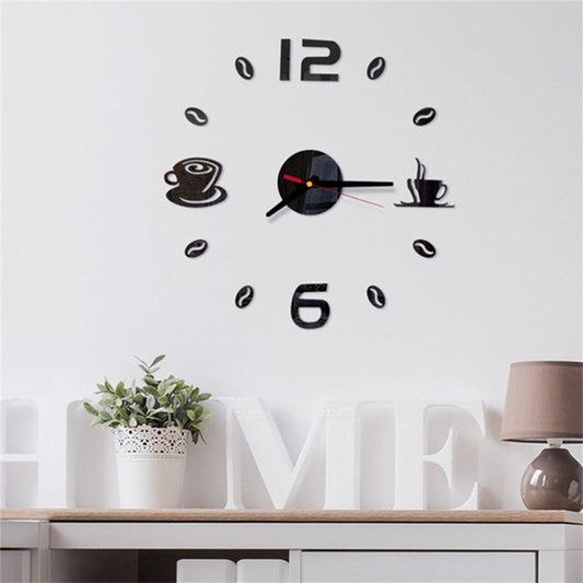 3D Mirror Wall Clock DIY Coffee Cups Decor Acrylic