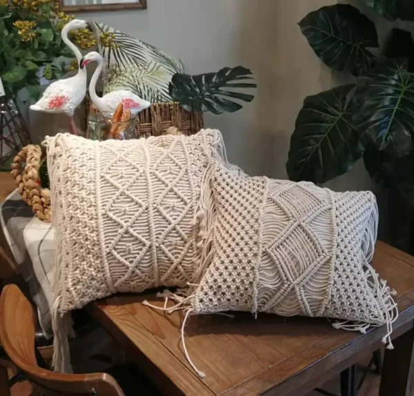 Set of 2 100% Cotton Macrame Geometry Bohemia Handmade Cotton Thread Pillow Covers  , 45x45cm