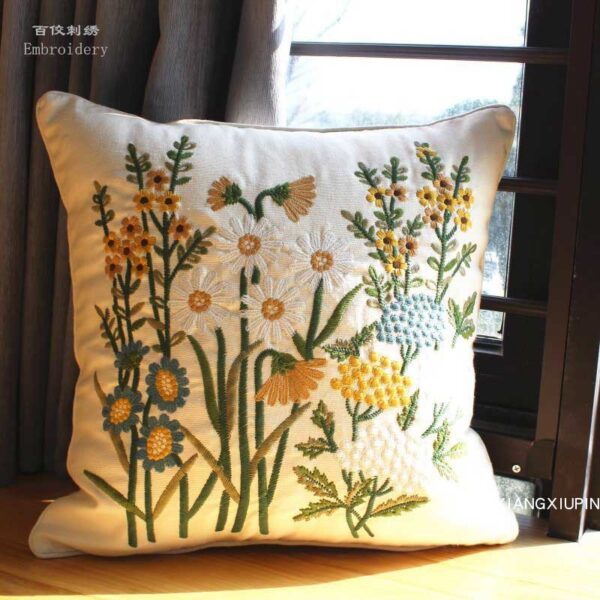 2PCS Embroidered European Pastoral Floral Cotton Cushion Covers for Sofa Decor - Image 3