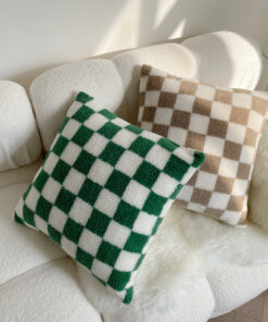 2PCS Lamb Cashmere Retro Chessboard Plaid Soft Plush Cushion Covers Set