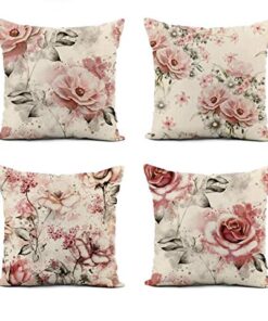 4PCS Modern Flower Printed Linen Pillow Covers Set Home Decoration