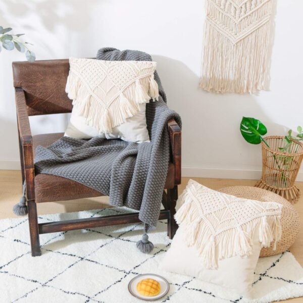 2PCS Boho Style Macrame Square Pillow Covers with Tassels for Sofa Home Decor - Image 2