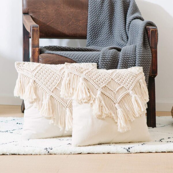 2PCS Boho Style Macrame Square Pillow Covers with Tassels for Sofa Home Decor - Image 3