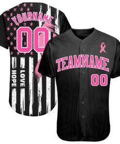 Custom 3D American Flag With Pink Ribbon Breast Cancer Awareness Month Women Health Care Support Authentic Baseball Jersey