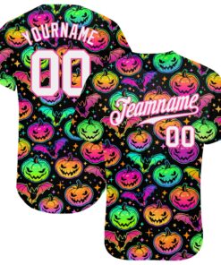 Custom 3D Pattern Bright Multicolored Halloween Pumpkins And Bats Authentic Baseball Jersey