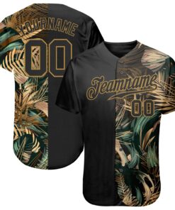 Custom 3D Pattern Design Golden And Green Tropical Leaves In The Style Of Jungle And Hawaii Authentic Baseball Jersey