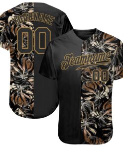 Custom 3D Pattern Design Golden Tropical Leaves In The Style Of Jungle And Hawaii Authentic Baseball Jersey