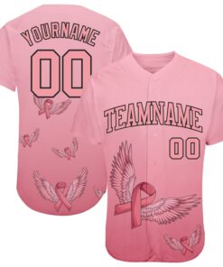 Custom 3D Pink Ribbon With Angel Wings Breast Cancer Awareness Month Women Health Care Support Authentic Baseball Jersey