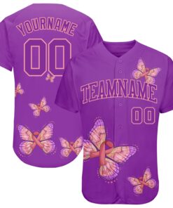 Custom 3D Pink Ribbon With Butterfly Wings Breast Cancer Awareness Month Women Health Care Support Authentic Baseball Jersey
