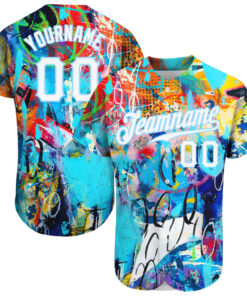 Custom Abstract Graffiti White-Light Blue 3D Authentic Baseball Jersey