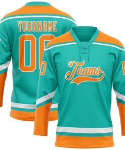 Custom Aqua Bay Orange-White Hockey Lace Neck Jersey