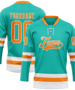 Custom Aqua Bay Orange-White Hockey Lace Neck Jersey