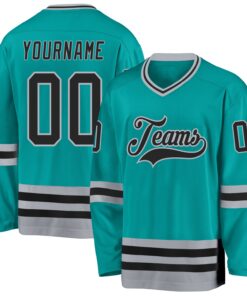 Custom Aqua Black-Gray Hockey Jersey