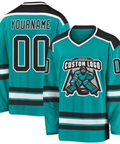 Custom Aqua Black-White Hockey Jersey
