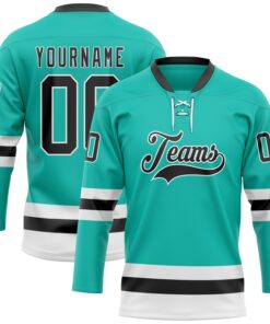 Custom Aqua Black-White Hockey Lace Neck Jersey