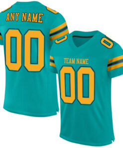 Custom Aqua Gold-Black Mesh Authentic Football Jersey
