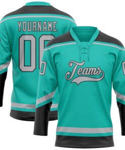 Custom Aqua Gray-Black Hockey Lace Neck Jersey