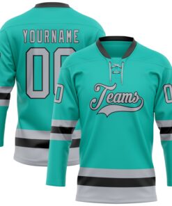 Custom Aqua Gray-Black Hockey Lace Neck Jersey