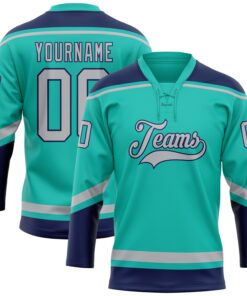 Custom Aqua Gray-Navy Hockey Lace Neck Jersey